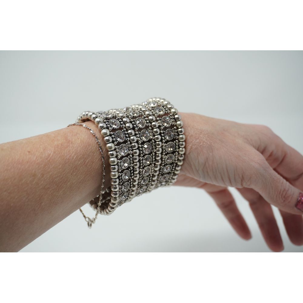 Antiqued Silver Tone Rhinestone Studded Cuff Bracelet